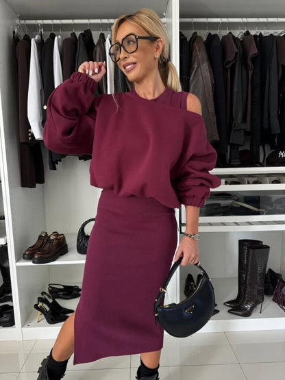 Judith – Langer Rock mit Off-Shoulder Pullover und Fledermausärmeln