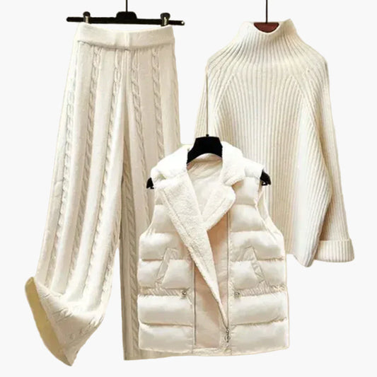 Damen 3-teiliges Strickset mit Steppweste – Winter Lounge Outfit für gemütliche Tage