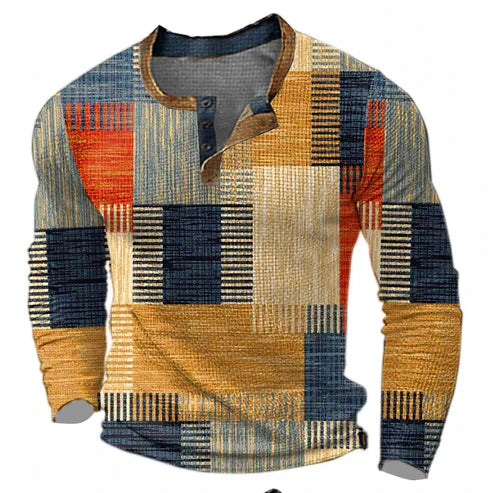 Herren Patchwork Langarmshirt – Modisches Henley für Herbst und Winter, Freizeit & Business