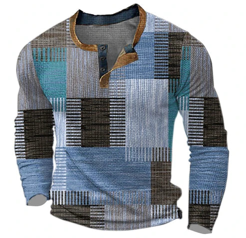 Herren Patchwork Langarmshirt – Modisches Henley für Herbst und Winter, Freizeit & Business