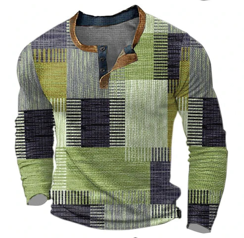 Herren Patchwork Langarmshirt – Modisches Henley für Herbst und Winter, Freizeit & Business