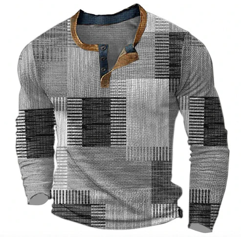 Herren Patchwork Langarmshirt – Modisches Henley für Herbst und Winter, Freizeit & Business