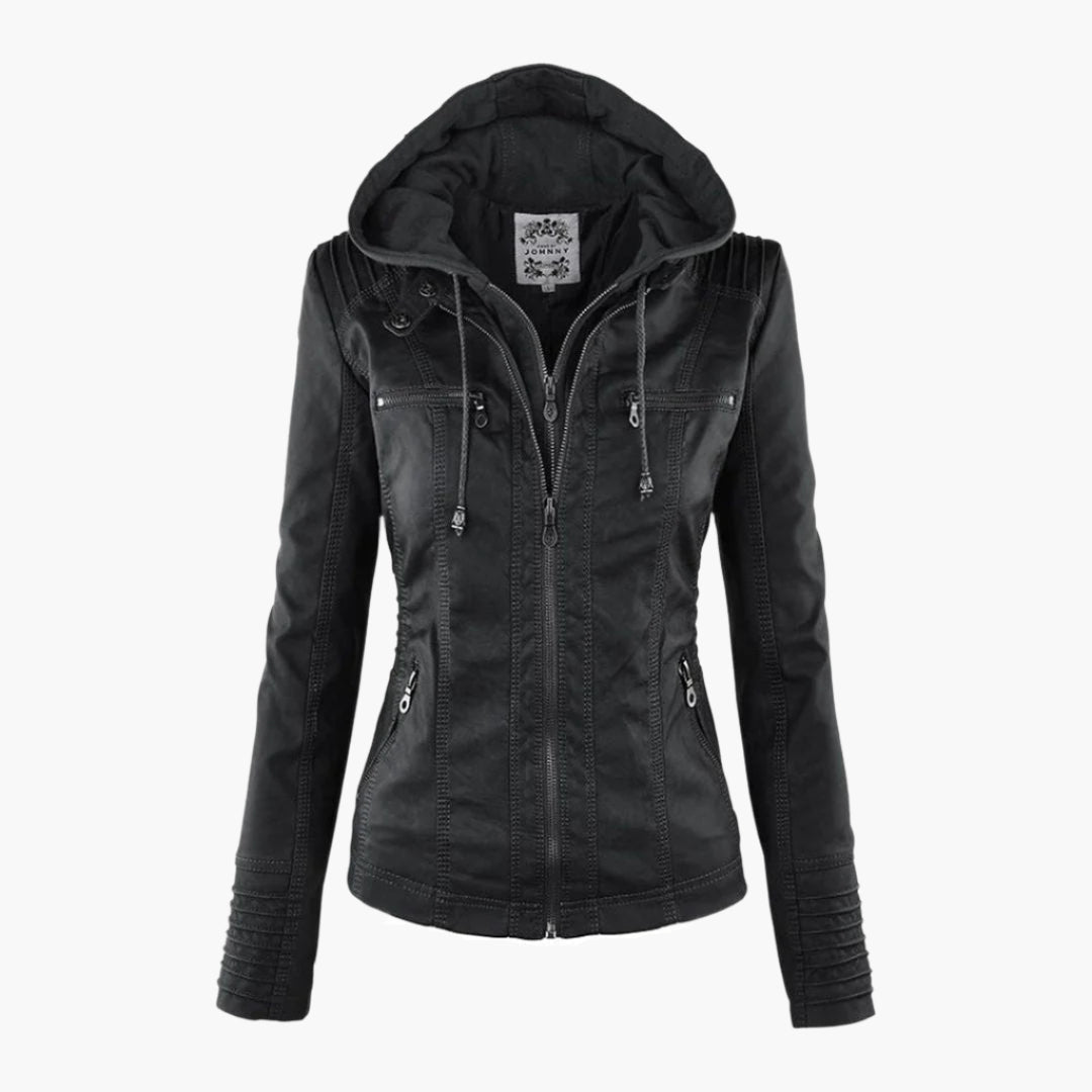 Damen Herbstjacke mit Kapuze – Modische Übergangsjacke im Biker-Stil mit Reißverschluss für Alltag und Freizeit