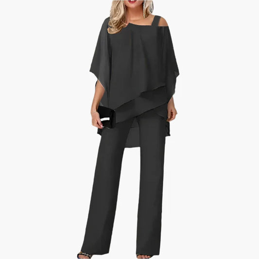 Damen Elegantes 2-teiliges Chiffon Set mit Schulterfreiem Oberteil und Weiten Hosen – Perfekt für Feste und Besondere Anlässe