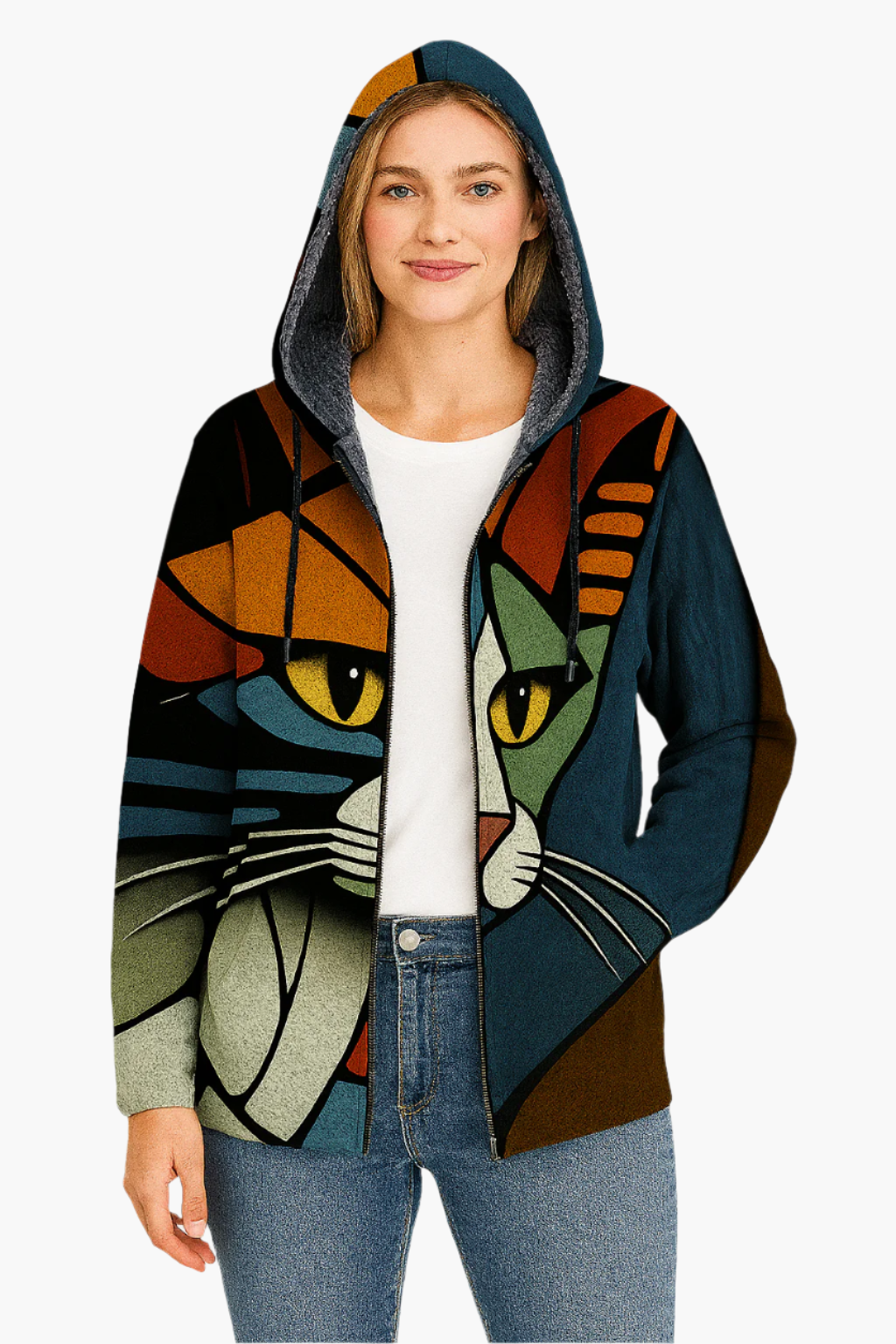 Damen Kapuzenjacke mit Künstlerischem Katzen-Print, Modisch & Bequem – Ideal für Alltag und Freizeit