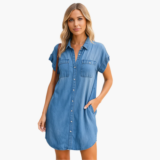 Damen Freizeit Hemdblusenkleid Jeans-Look – Lockeres Sommerkleid für Alltag und Urlaub
