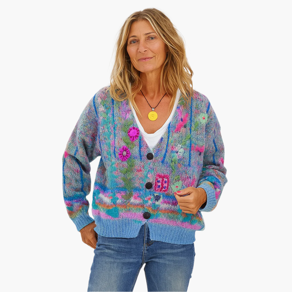 Damen Strickjacke im Boho-Stil – Gemütlicher Cardigan mit farbenfrohen Blumenmuster für Freizeit und Alltag