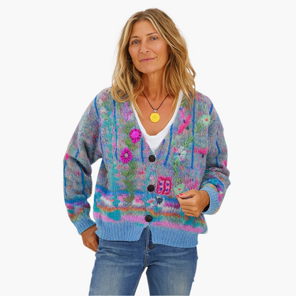 Damen Strickjacke im Boho-Stil – Gemütlicher Cardigan mit farbenfrohen Blumenmuster für Freizeit und Alltag