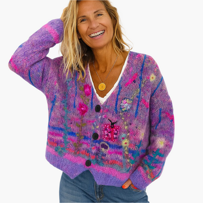 Damen Strickjacke im Boho-Stil – Gemütlicher Cardigan mit farbenfrohen Blumenmuster für Freizeit und Alltag