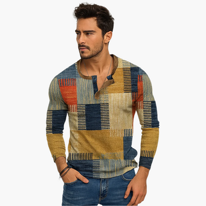 Herren Patchwork Langarmshirt – Modisches Henley für Herbst und Winter, Freizeit & Business