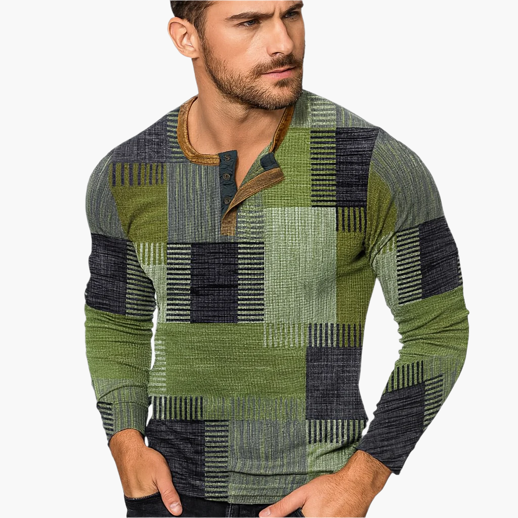 Herren Patchwork Langarmshirt – Modisches Henley für Herbst und Winter, Freizeit & Business
