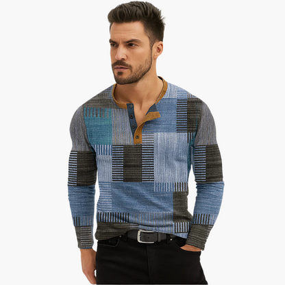 Herren Patchwork Langarmshirt – Modisches Henley für Herbst und Winter, Freizeit & Business