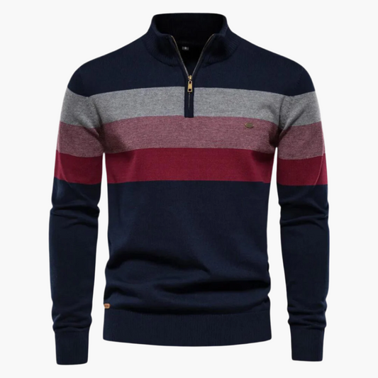 Herren Strickpullover mit Viertelreißverschluss – Eleganter Streifen-Look für Alltag und Büro