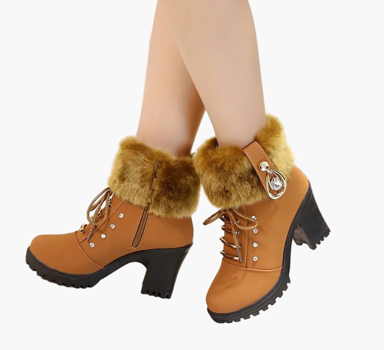 Damen Winterstiefeletten mit Absatz, Schnürung und Kunstfellkragen – Elegante Outdoor-Boots für kalte Tage
