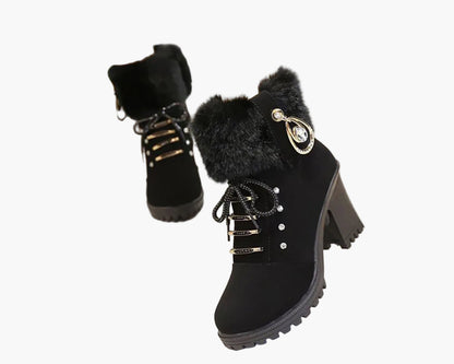 Damen Winterstiefeletten mit Absatz, Schnürung und Kunstfellkragen – Elegante Outdoor-Boots für kalte Tage