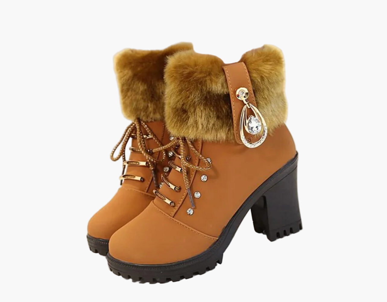 Damen Winterstiefeletten mit Absatz, Schnürung und Kunstfellkragen – Elegante Outdoor-Boots für kalte Tage