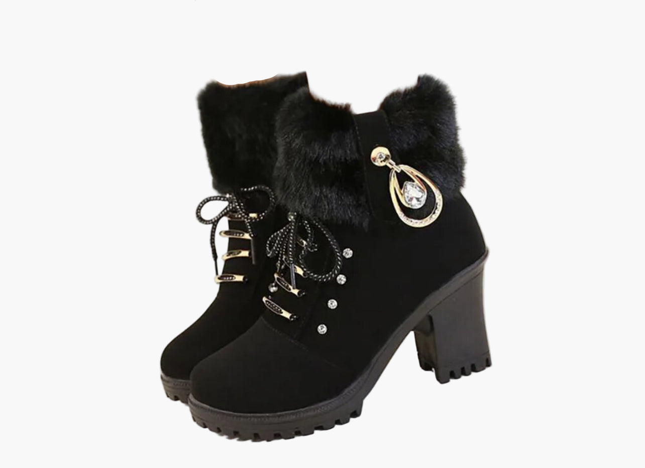 Damen Winterstiefeletten mit Absatz, Schnürung und Kunstfellkragen – Elegante Outdoor-Boots für kalte Tage
