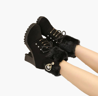 Damen Winterstiefeletten mit Absatz, Schnürung und Kunstfellkragen – Elegante Outdoor-Boots für kalte Tage