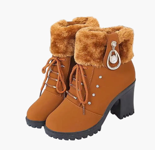 Damen Winterstiefeletten mit Absatz, Schnürung und Kunstfellkragen – Elegante Outdoor-Boots für kalte Tage