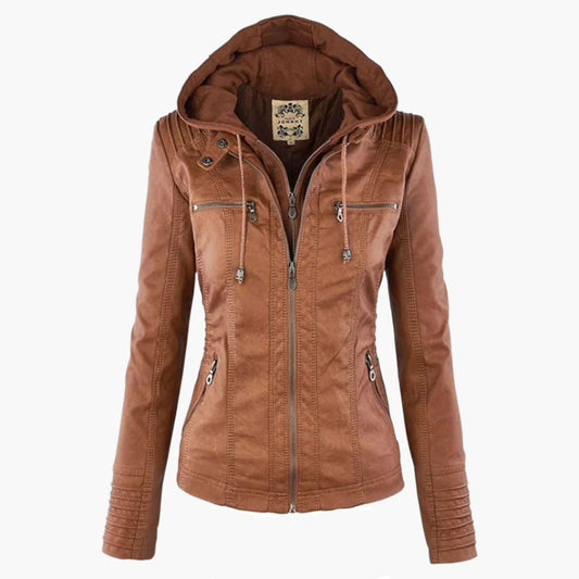 Damen Herbstjacke mit Kapuze – Modische Übergangsjacke im Biker-Stil mit Reißverschluss für Alltag und Freizeit