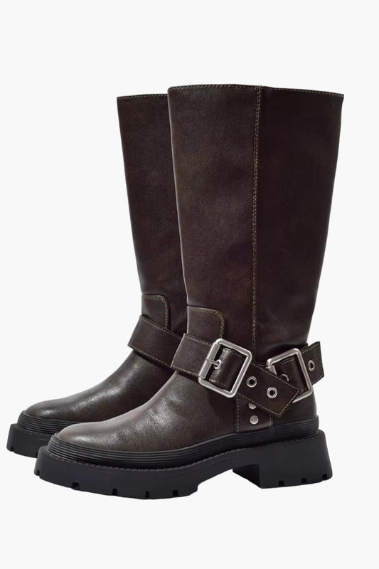 Damen Stiefel mit Schnallen und Plateausohle – Retro Look für Alltag und Freizeit