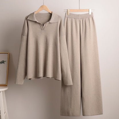 Damen Loungewear Set – Strick Zweiteiler mit Oversize Pullover und Weitbeiniger Hose – Komfort für Zuhause und Freizeit