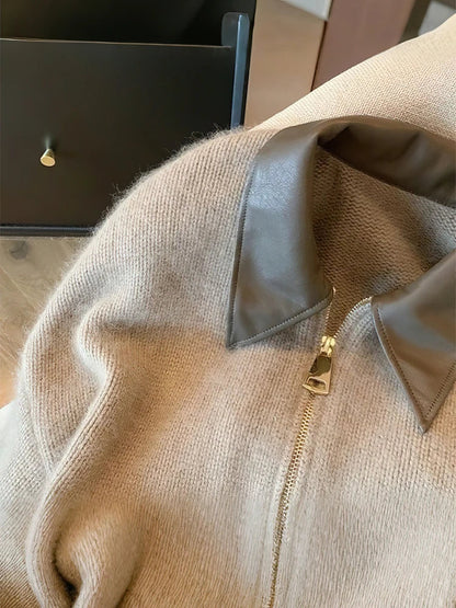 Damen Strickjacke mit Reißverschluss und Kunstlederkragen – Modischer Herbst-Winter Cardigan