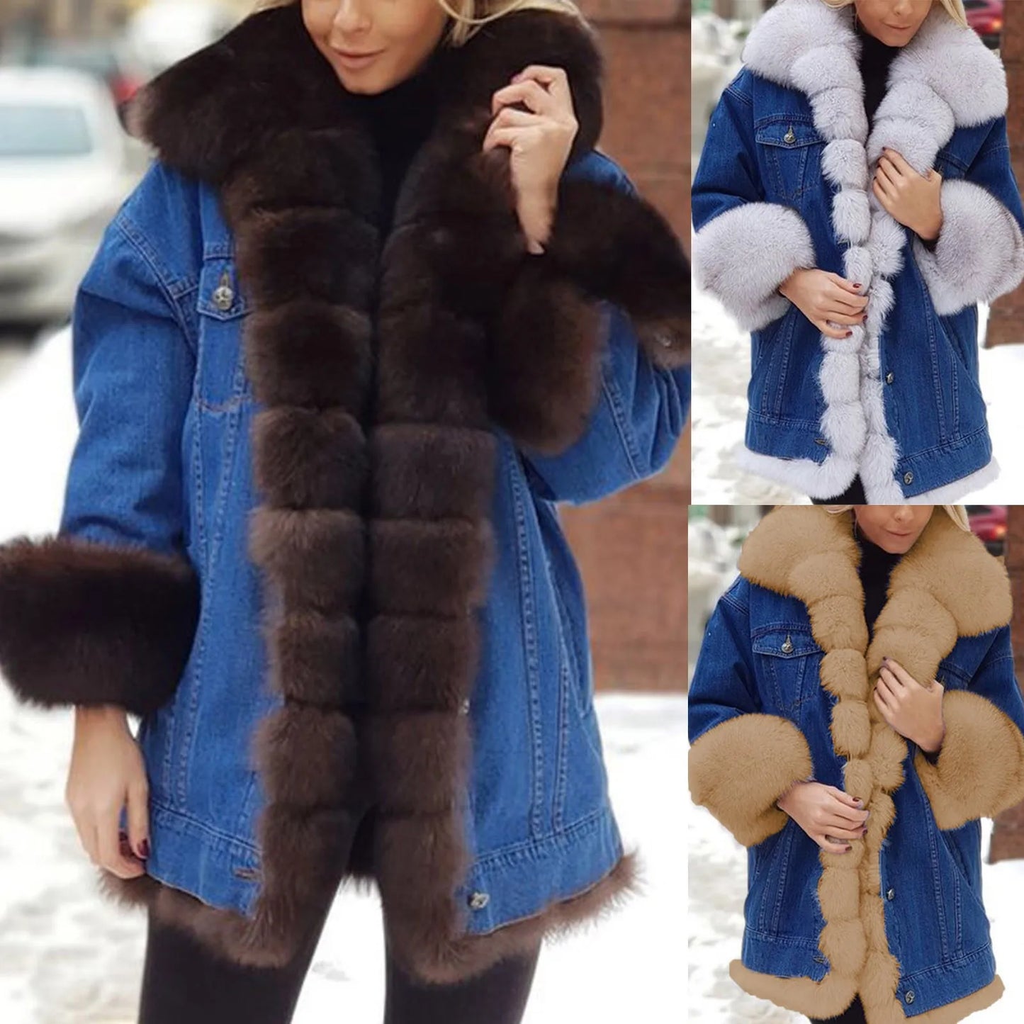 Elena – Wintermode Faux-Fur Einteiler Jeansjacke mit Langarm