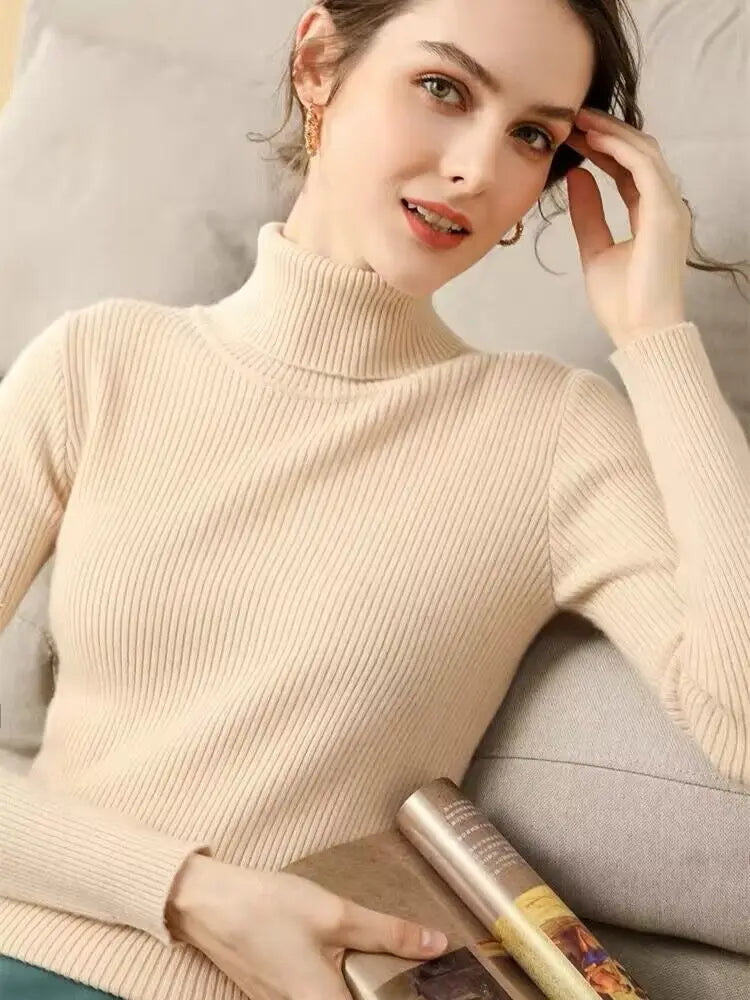 Damen Rollkragen-Rippstrickpullover – Eleganter, figurbetonter Herbst/Winter Style für Alltag und Büro