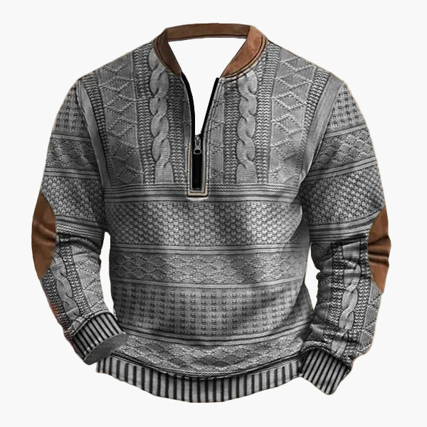 Herren Strick-Look Pullover mit Reißverschluss und Patch-Details – Modernes Freizeit-Sweatshirt