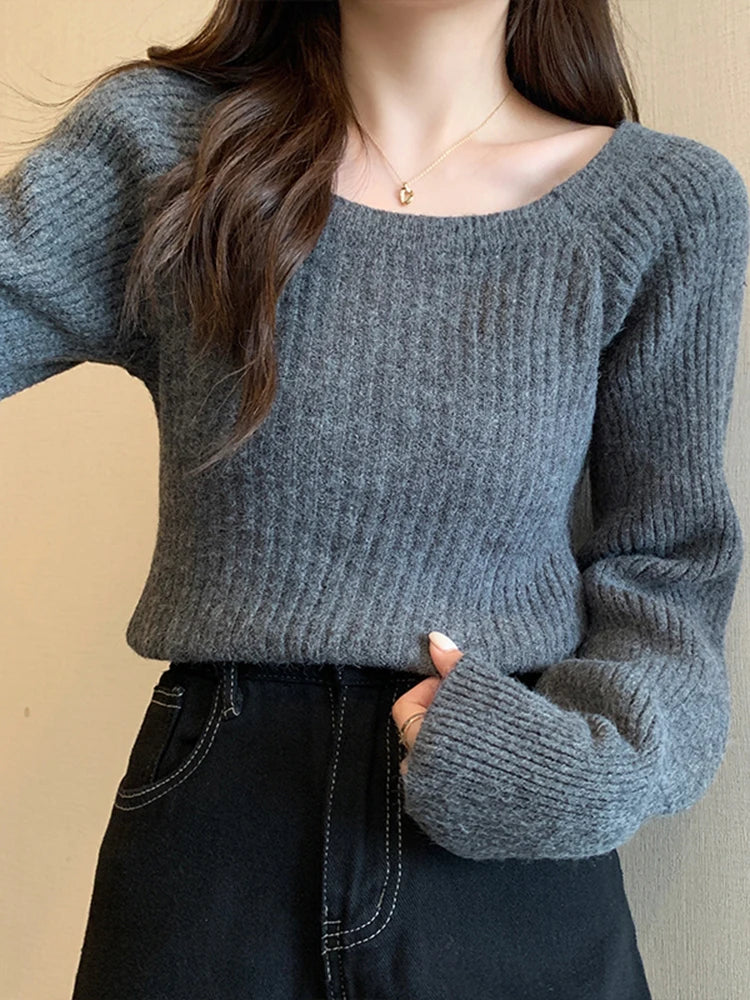 Amelie – Damen Strickpullover mit Puffärmeln und Rundhals