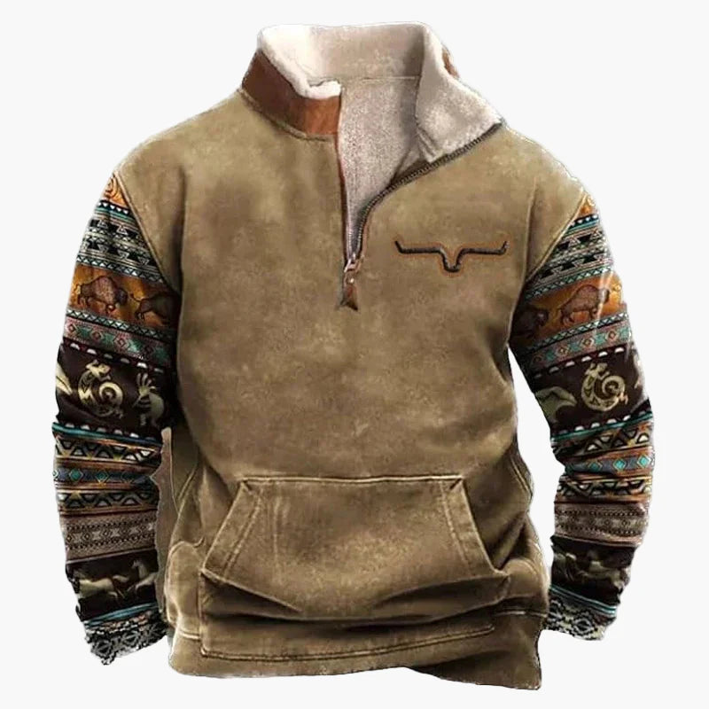 Herren Pullover im Western-Stil mit Ethno-Muster und Longhorn-Print – Bequemer Freizeit-Sweater mit halbem Reißverschluss