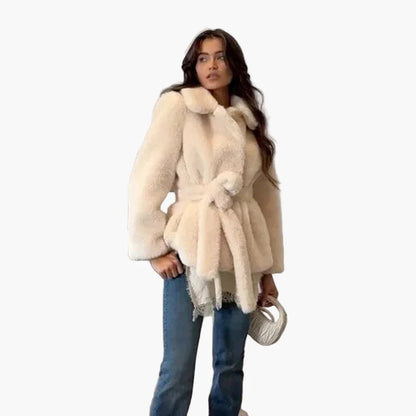 Damen Winterjacke im eleganten Kunstfell-Stil mit Gürtel – Modische Übergangsjacke für Alltag und Events