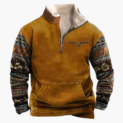 Herren Pullover im Western-Stil mit Ethno-Muster und Longhorn-Print – Bequemer Freizeit-Sweater mit halbem Reißverschluss