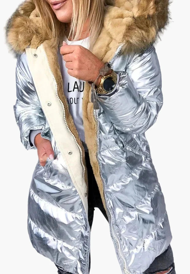 Damen Winter Steppmantel mit Kapuze und Kunstpelzkragen, Warm Verdickt, Modischer Outdoor-Parka