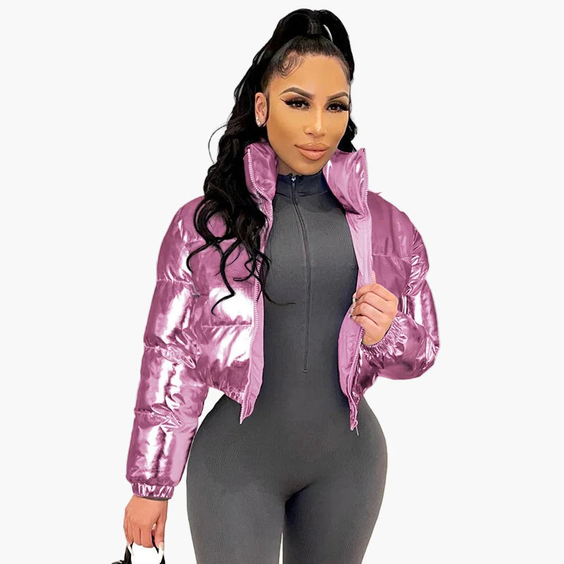 Damen Steppjacke im glänzenden Metallic-Look – Modische Kurzjacke für Streetstyle und Freizeit