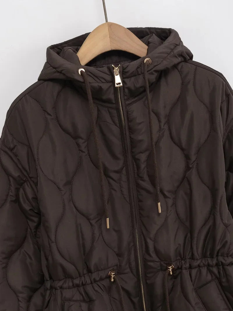 Damen Steppjacke mit Kapuze und Taillenzug – Modische Übergangsjacke für Herbst und Winter