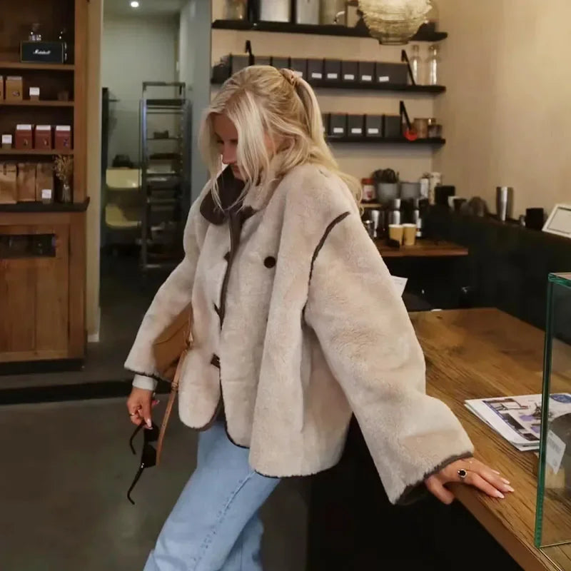 Damen Teddyfell Mantel Vintage-Look Winterjacke Outdoor Freizeit