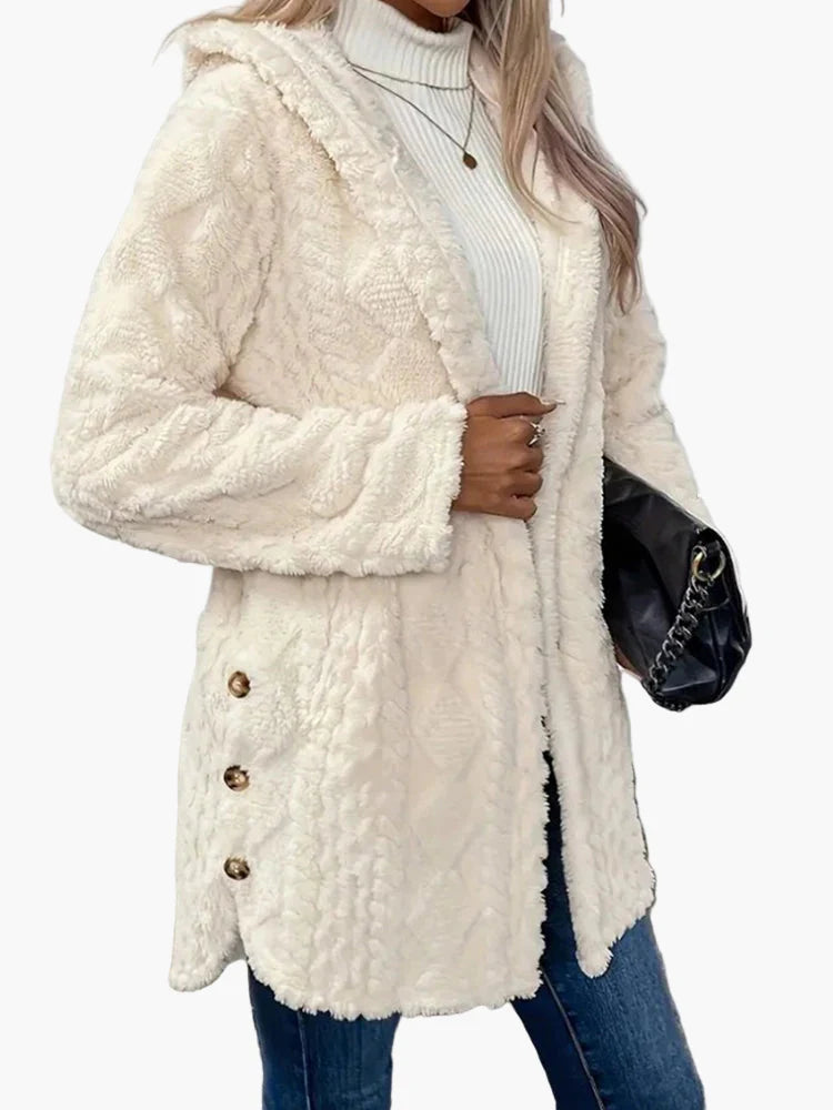Damen Teddyfell Kapuzenjacke mit Knopfdetails – Kuscheliger Cardigan für Herbst und Winter