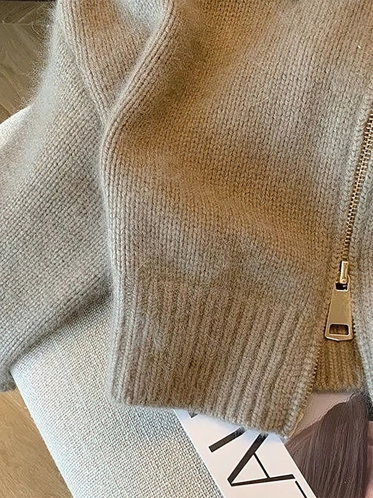 Damen Strickjacke mit Reißverschluss und Kunstlederkragen – Modischer Herbst-Winter Cardigan