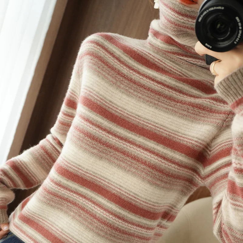 Damen Strickpullover mit Rollkragen – Modischer Streifenlook für Herbst und Winter, Freizeit & Alltag