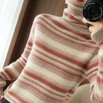 Damen Strickpullover mit Rollkragen – Modischer Streifenlook für Herbst und Winter, Freizeit & Alltag
