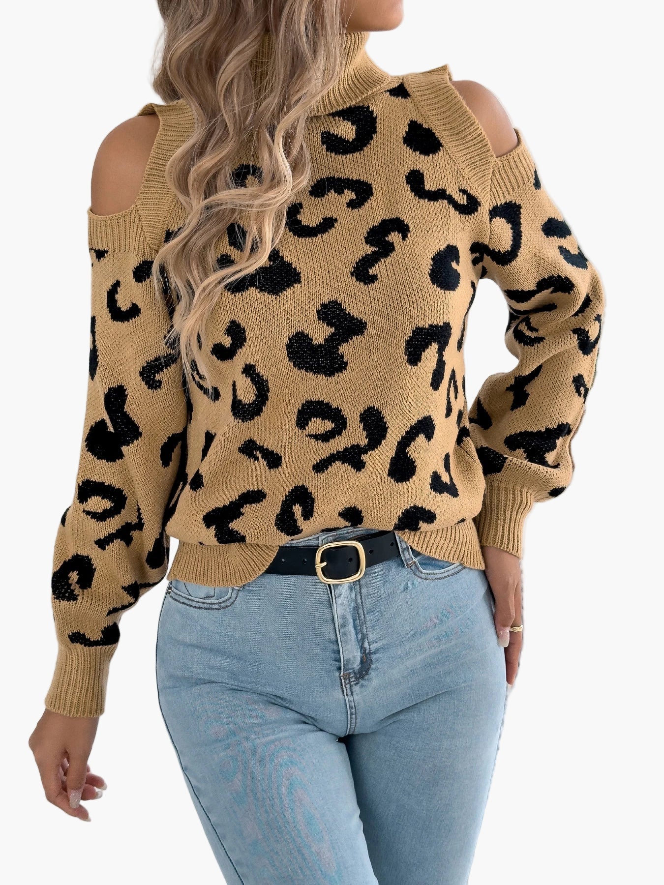 Damen Pullover mit Leopardenmuster und Cut-Out-Schultern – Modischer Strickpulli für Alltag und Freizeit
