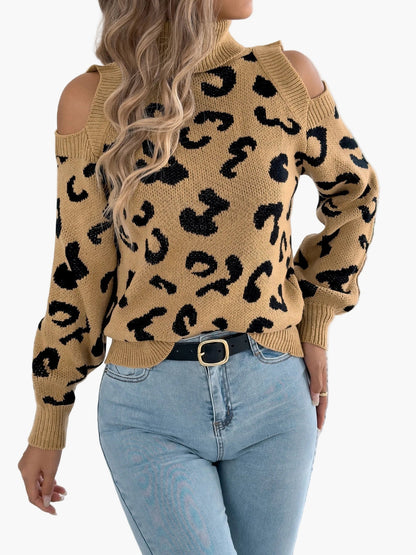 Damen Pullover mit Leopardenmuster und Cut-Out-Schultern – Modischer Strickpulli für Alltag und Freizeit