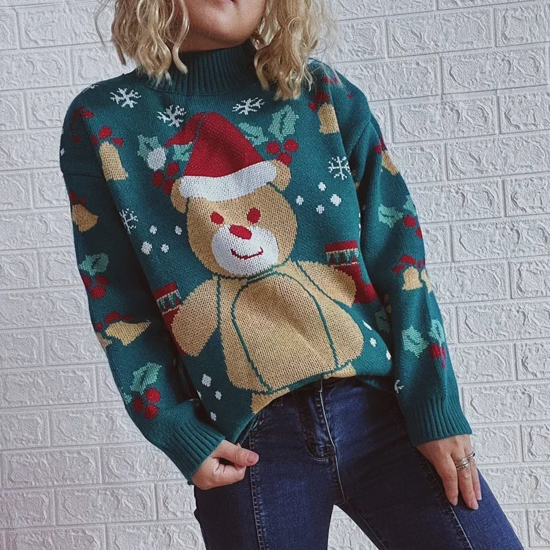 Karoline - Hässlicher Weihnachtspulli - Winterpullover mit Schneeflocken- und Bärenmuster