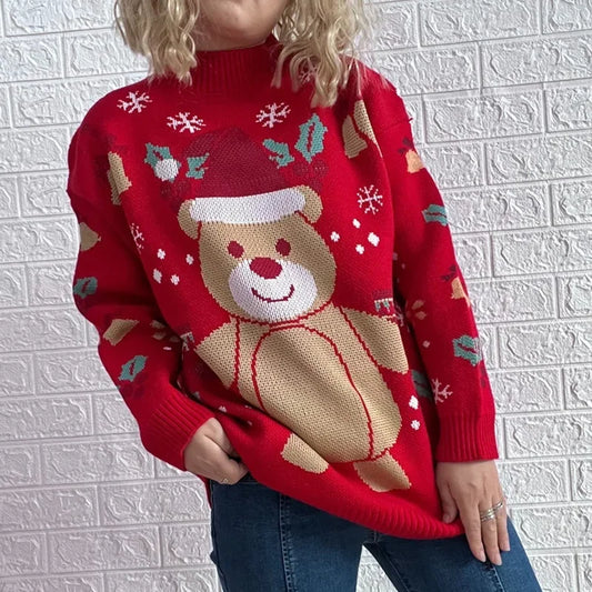 Karoline - Hässlicher Weihnachtspulli - Winterpullover mit Schneeflocken- und Bärenmuster