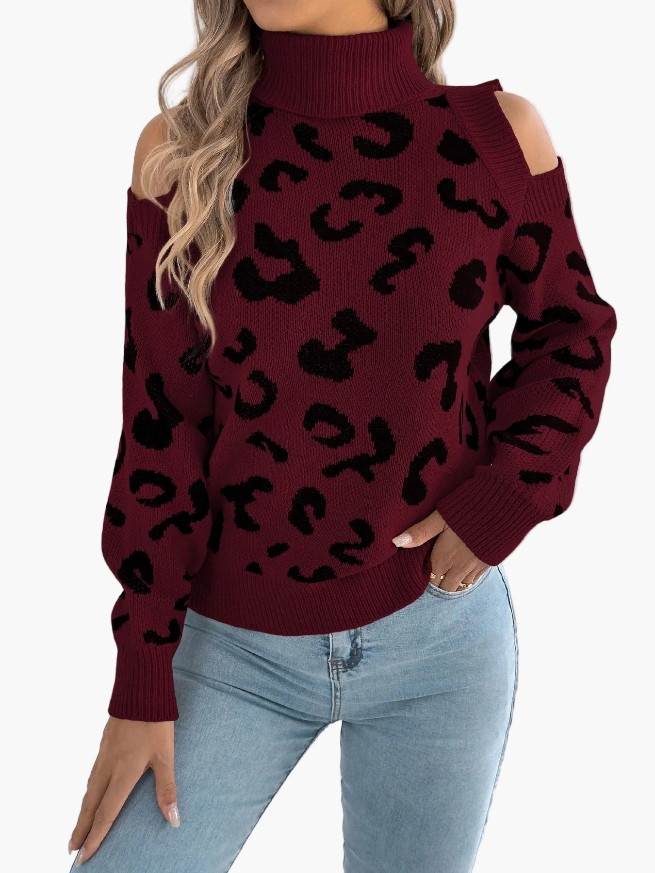 Damen Pullover mit Leopardenmuster und Cut-Out-Schultern – Modischer Strickpulli für Alltag und Freizeit