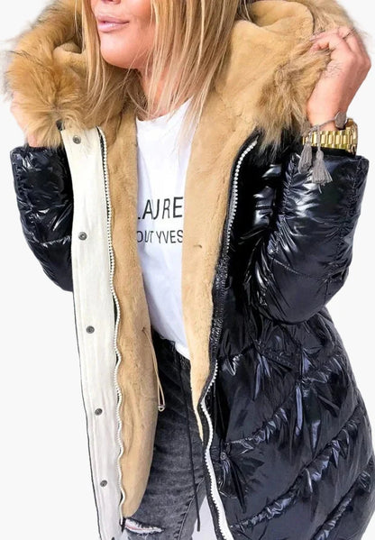 Damen Winter Steppmantel mit Kapuze und Kunstpelzkragen, Warm Verdickt, Modischer Outdoor-Parka
