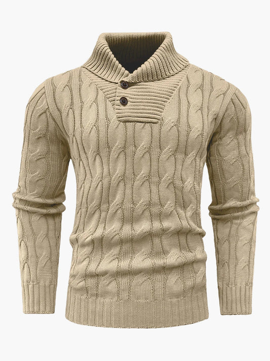 Herren Strickpullover mit Schalkragen und Knopfleiste – Stilvoller, warmer Winterpullover im Zopfmuster für Freizeit und Büro