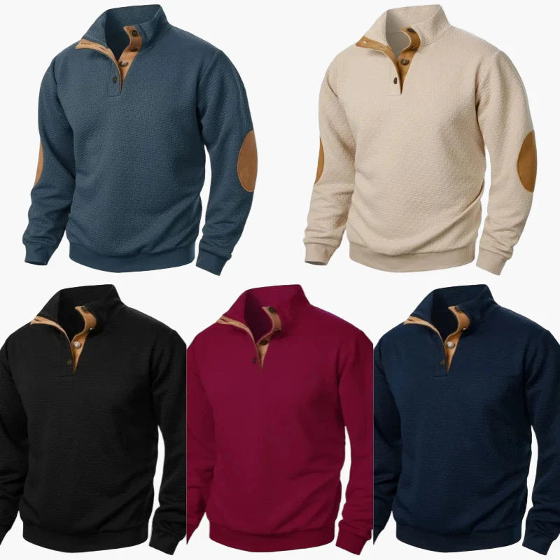 Herren Pullover Sweatshirt mit Stehkragen und Ellbogenpatches – Klassischer Freizeitstil für Alltag und Büro
